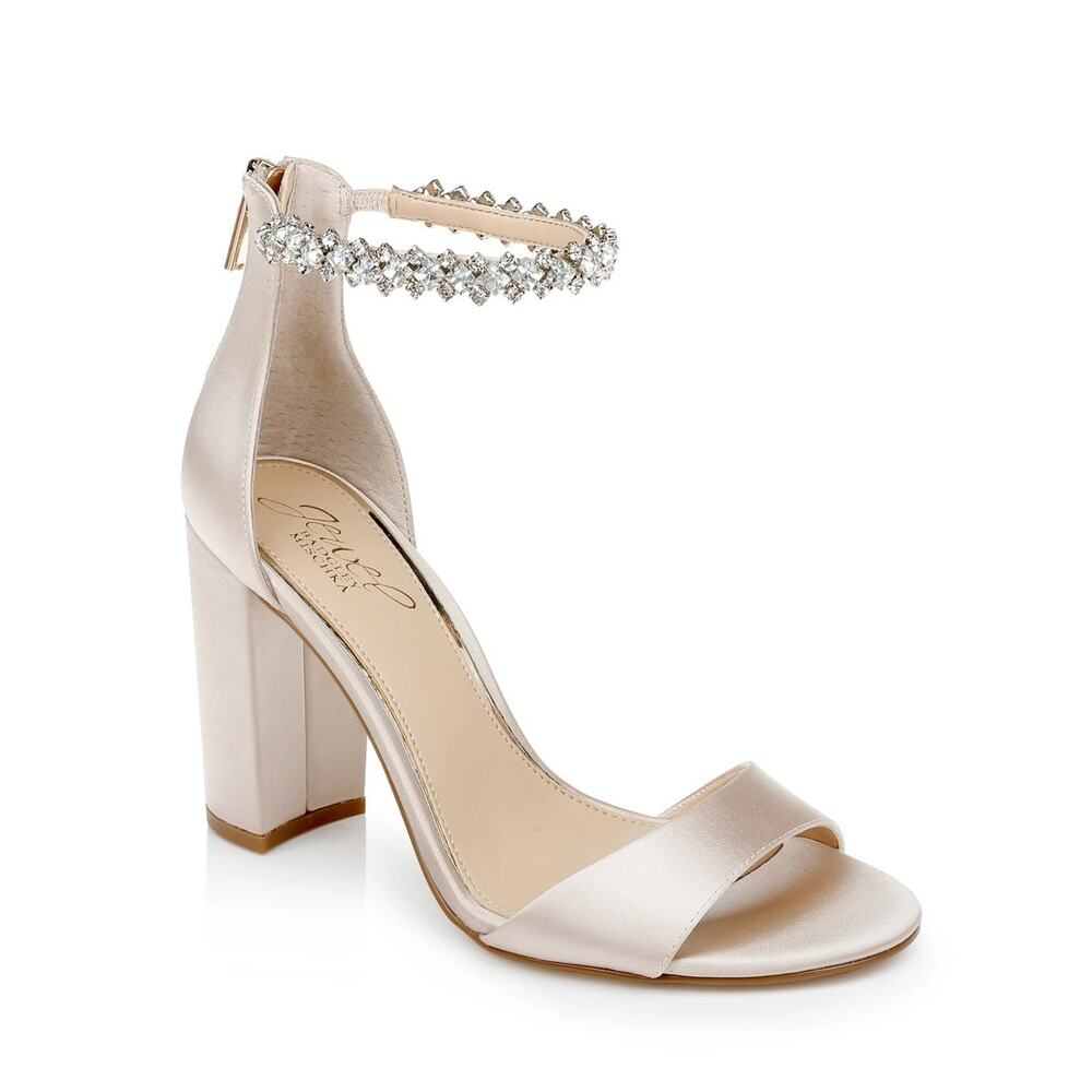 Embellished Ankle-Strap Satin Heels in Blush